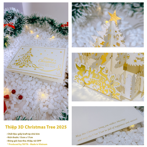 Thiệp 3D Giáng Sinh - Cây Thông Ép Kim Sang Trọng - Happy New Year - TAYTA