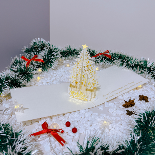 Thiệp 3D Giáng Sinh - Cây Thông Ép Kim Sang Trọng - Happy New Year - TAYTA